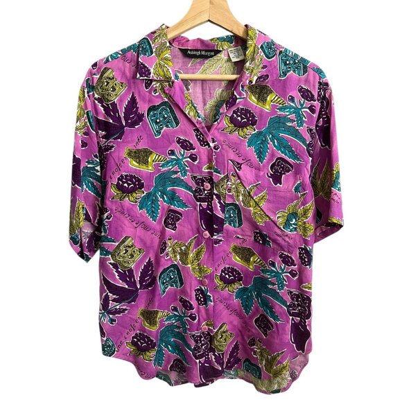 Vintage Ashleigh Morgan Womens Crop Hawaiian Shirt Pink Medium Tropical Resort‎ - Picture 1 of 12